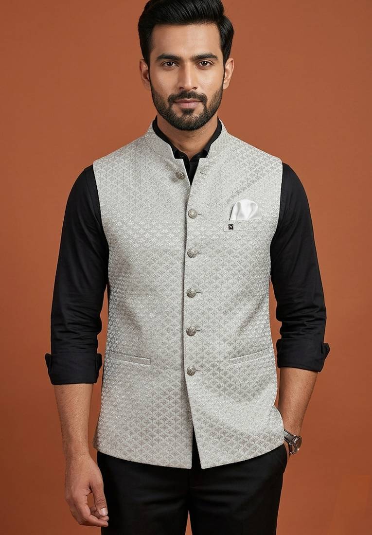 Light grey thread and sequins work nehru jacket 