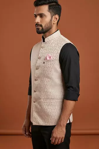 Light pink thread work nehru jacket 