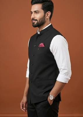 Black knitted plain nehru jacket  for men 2