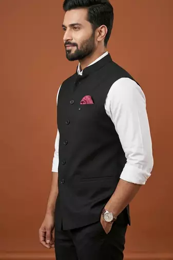 Black knitted plain nehru jacket  for men