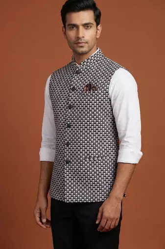 Black thread and sequins embroidered nehru jacket 