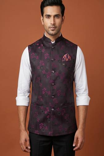Wine printed nehru jacket  on silk