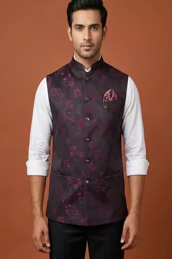 Wine printed nehru jacket  on silk