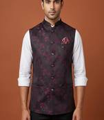 Wine printed nehru jacket  on silk