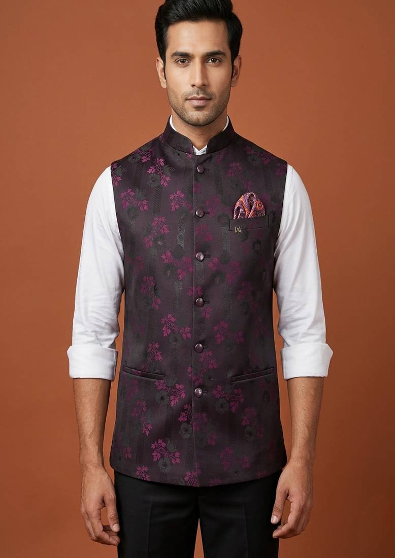 Wine printed nehru jacket  on silk