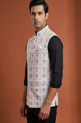 Ivory thread and zari embroidered nehru jacket 