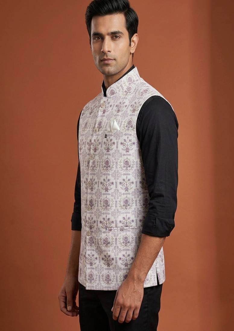Ivory thread and zari embroidered nehru jacket 