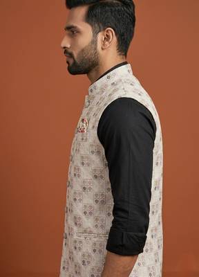 Ivory thread and pearl embroidered nehru jacket  2