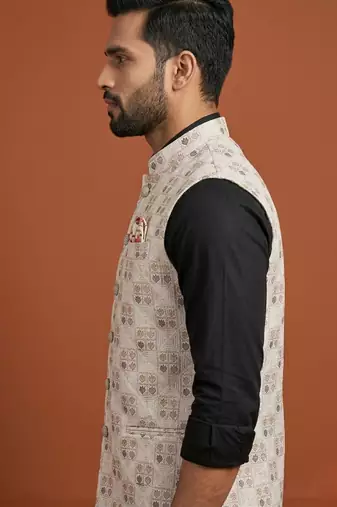 Ivory thread and pearl embroidered nehru jacket 