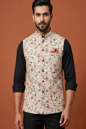 Cream thread and sequins work nehru jacket 