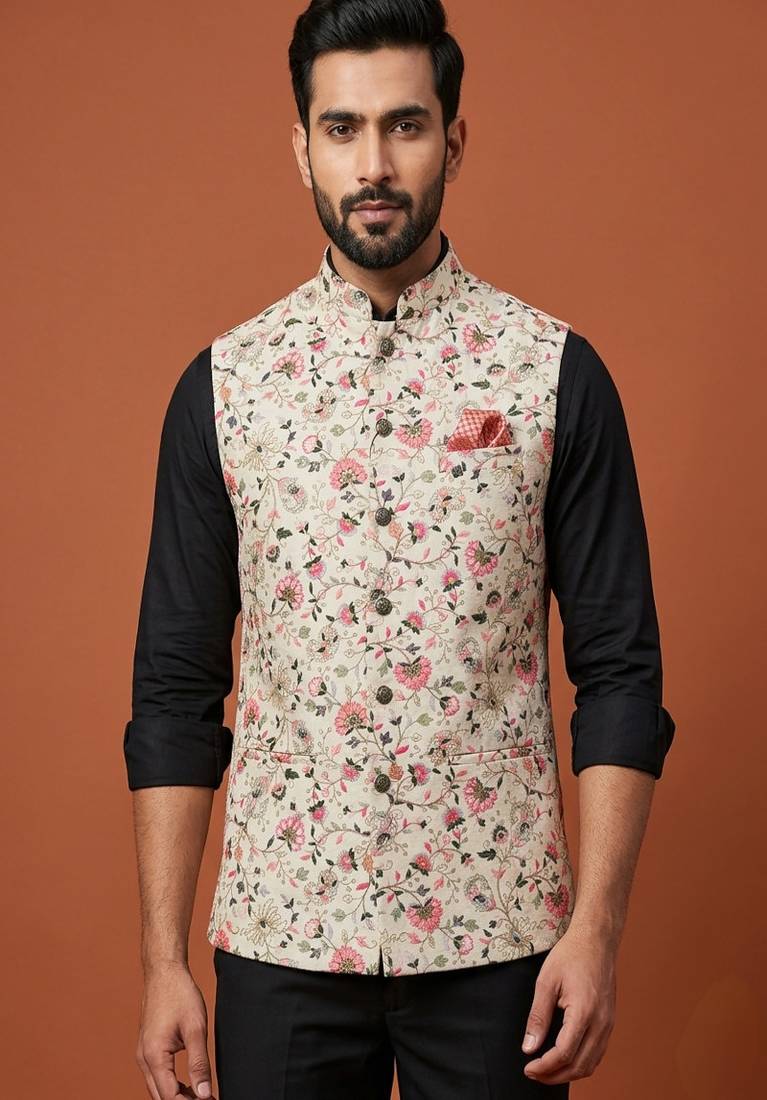 Cream thread and sequins work nehru jacket 