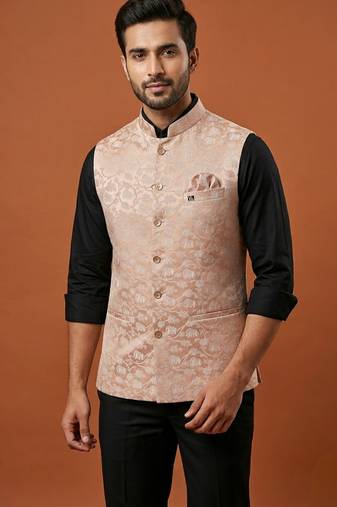 Peach printed nehru jacket  for men