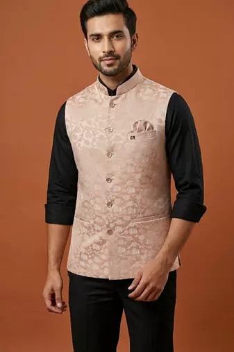 Peach printed nehru jacket  for men