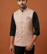 Peach printed nehru jacket  for men