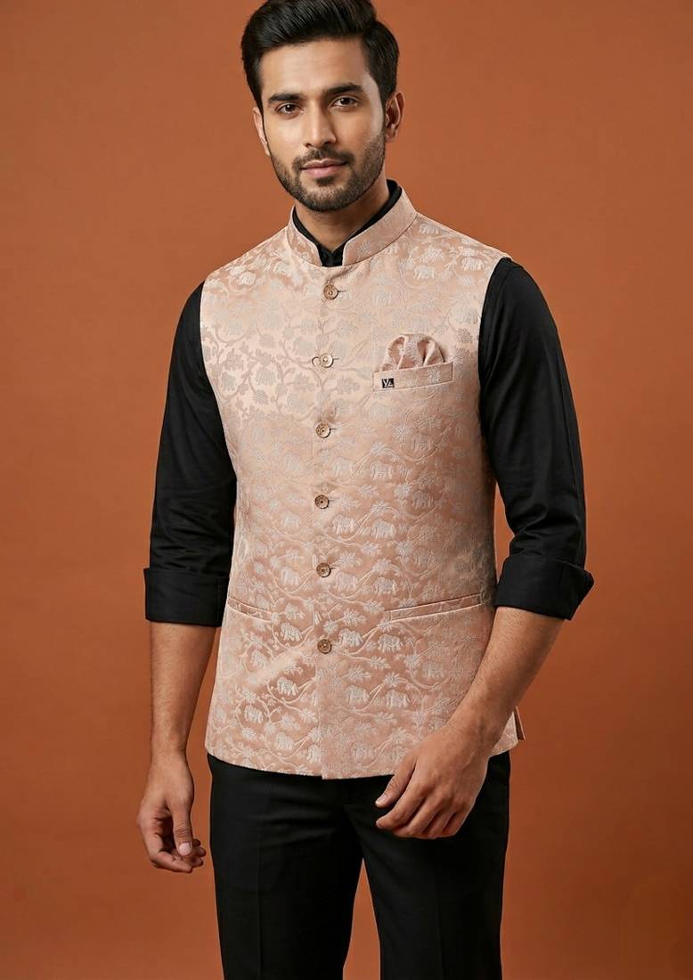 Peach printed nehru jacket  for men