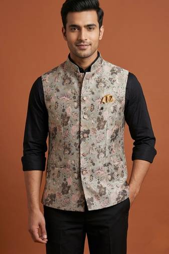 Grey printed nehru jacket  for me