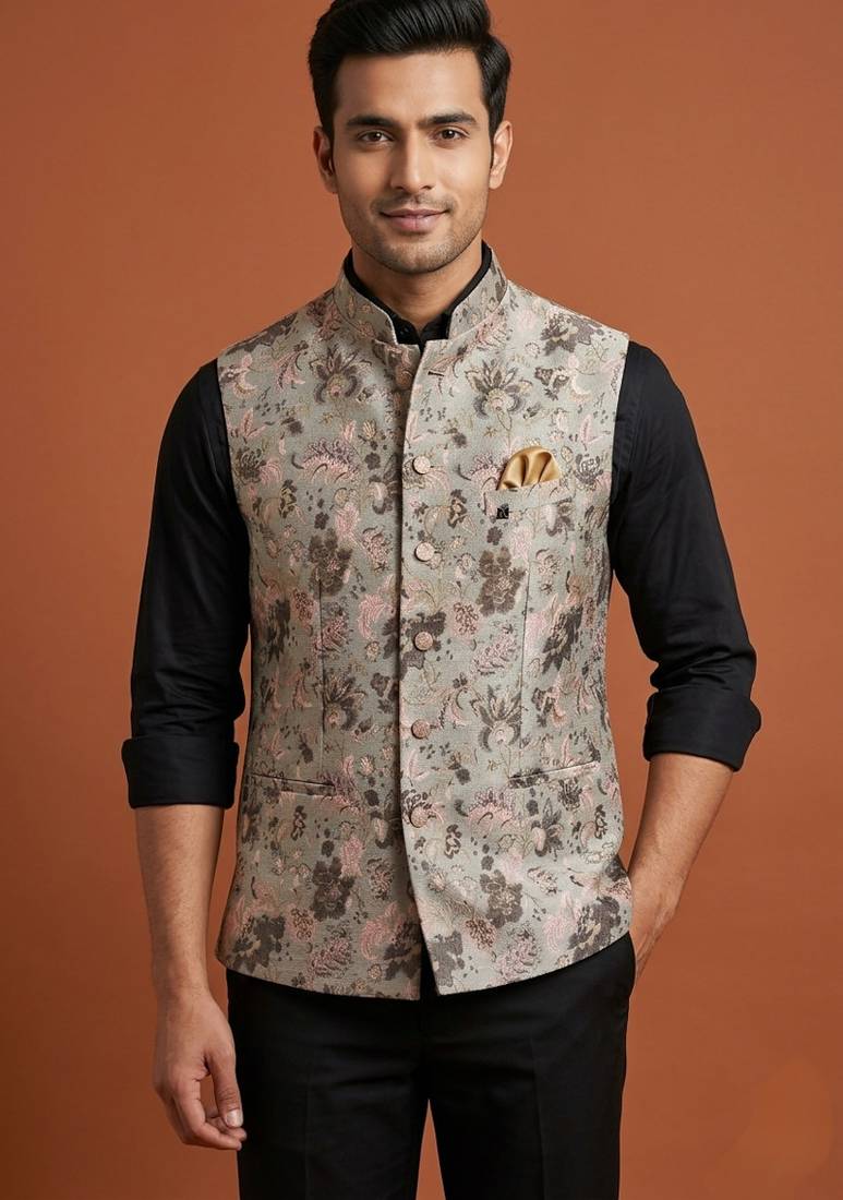Grey printed nehru jacket  for me