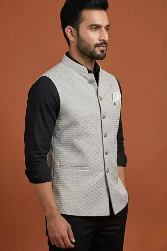 Light grey thread and sequins work nehru jacket 