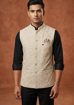 Cream thread and sequins work nehru jacket  1