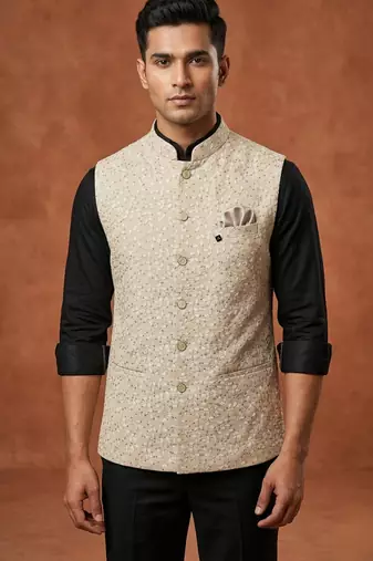 Cream thread and sequins work nehru jacket 