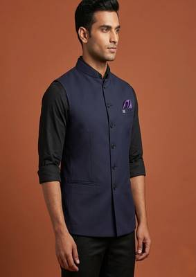 Navy blue knitted plain nehru jacket  for men 2