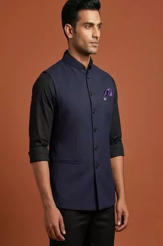 Navy blue knitted plain nehru jacket  for men