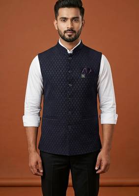 Navy blue printed nehru jacket  on suiting fabric 1