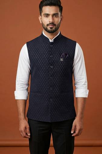 Navy blue printed nehru jacket  on suiting fabric