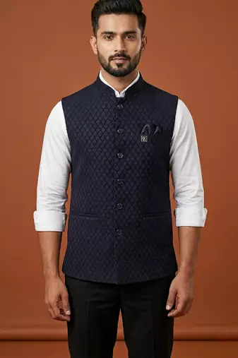 Navy blue printed nehru jacket  on suiting fabric