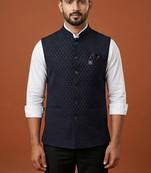 Navy blue printed nehru jacket  on suiting fabric
