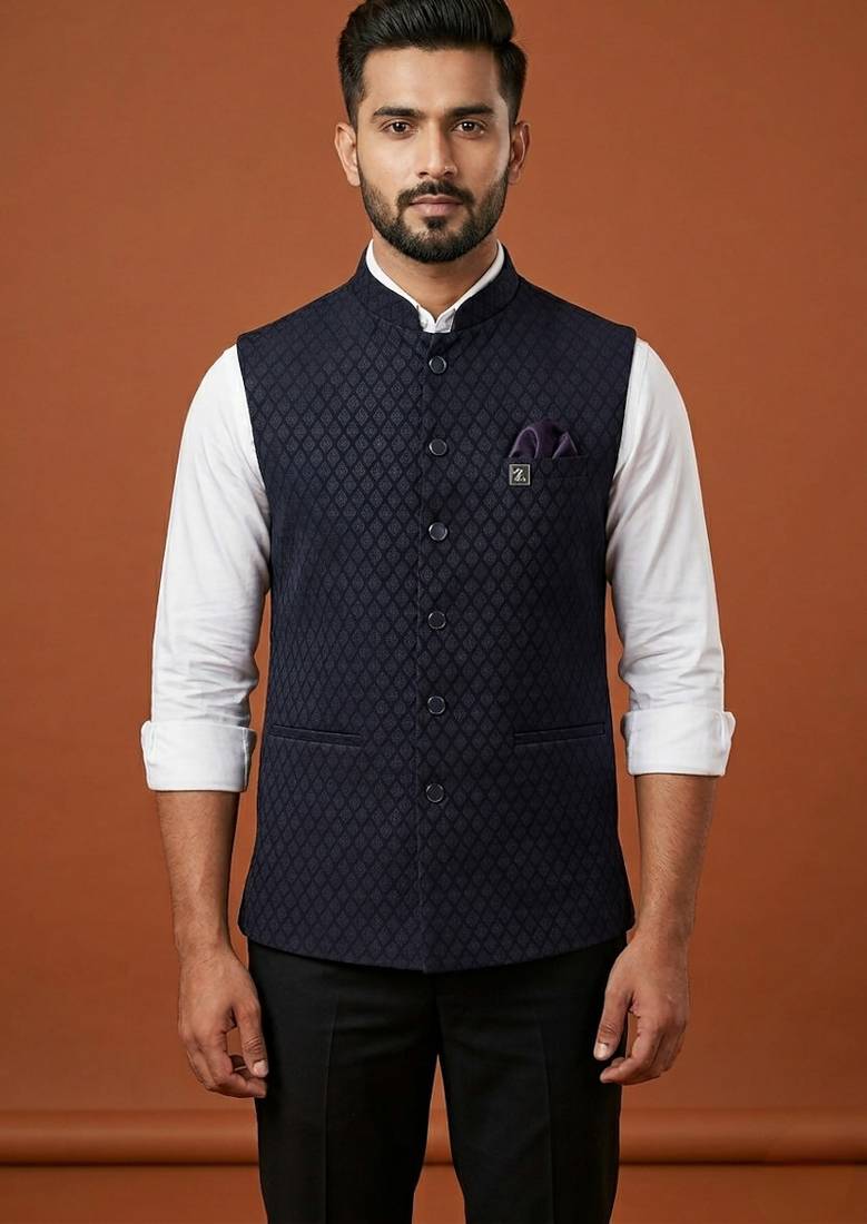 Navy blue printed nehru jacket  on suiting fabric