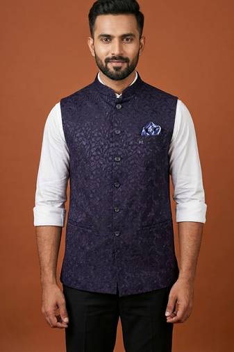 Purple thread and sequins embroidered nehru jacket 