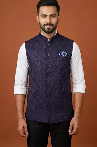 Purple thread and sequins embroidered nehru jacket 