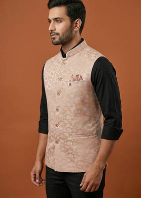 Peach printed nehru jacket  for men 2
