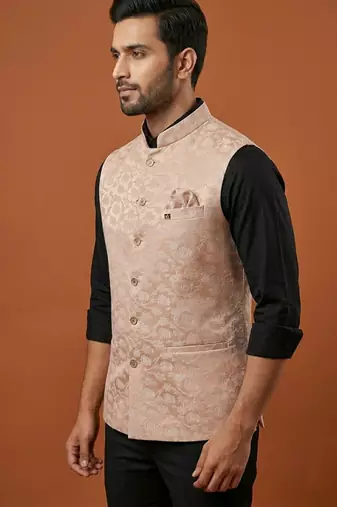 Peach printed nehru jacket  for men