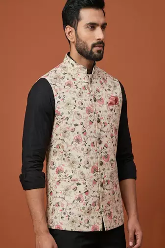 Cream thread and sequins work nehru jacket 