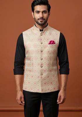 Beige printed and zari work nehru jacket  on silk 1