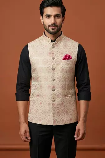 Beige printed and zari work nehru jacket  on silk