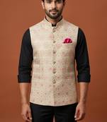 Beige printed and zari work nehru jacket  on silk