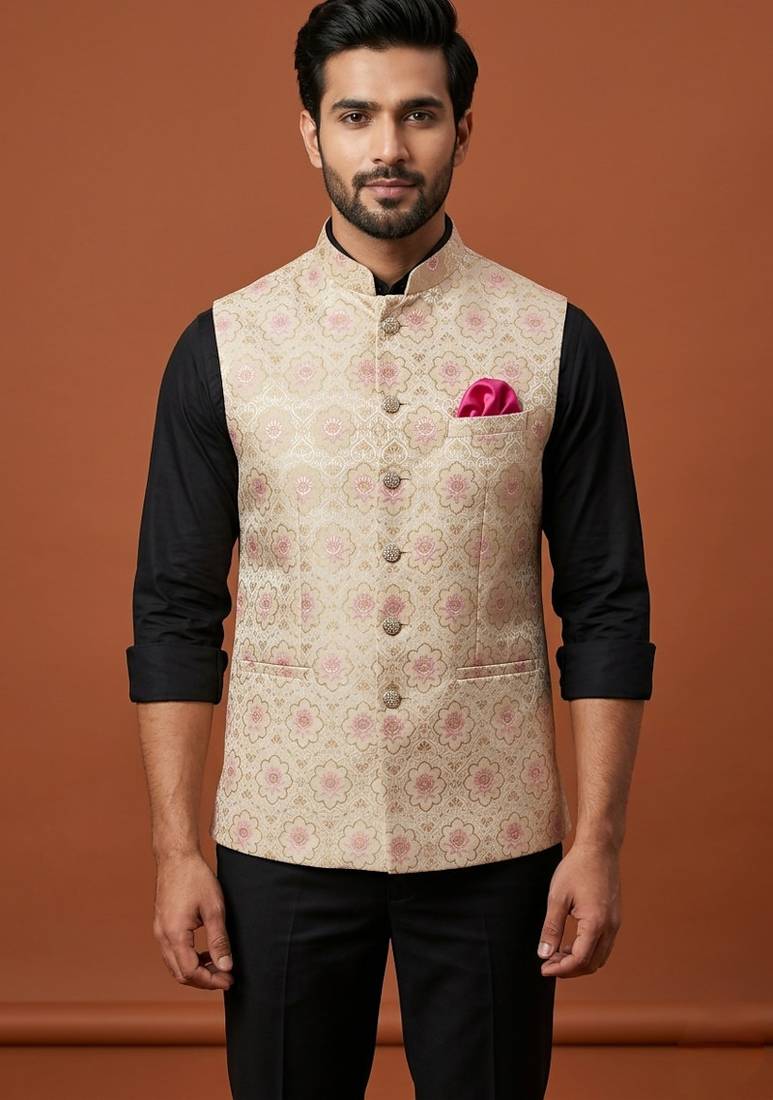 Beige printed and zari work nehru jacket  on silk