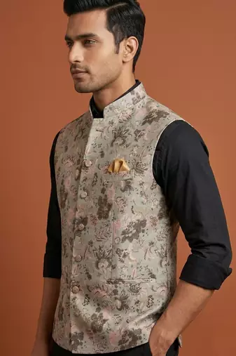 Grey printed nehru jacket  for me