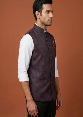 Wine printed nehru jacket  on silk 2