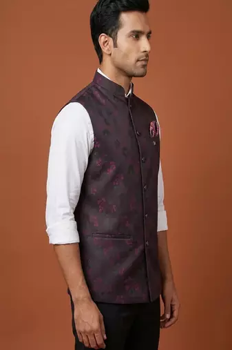 Wine printed nehru jacket  on silk