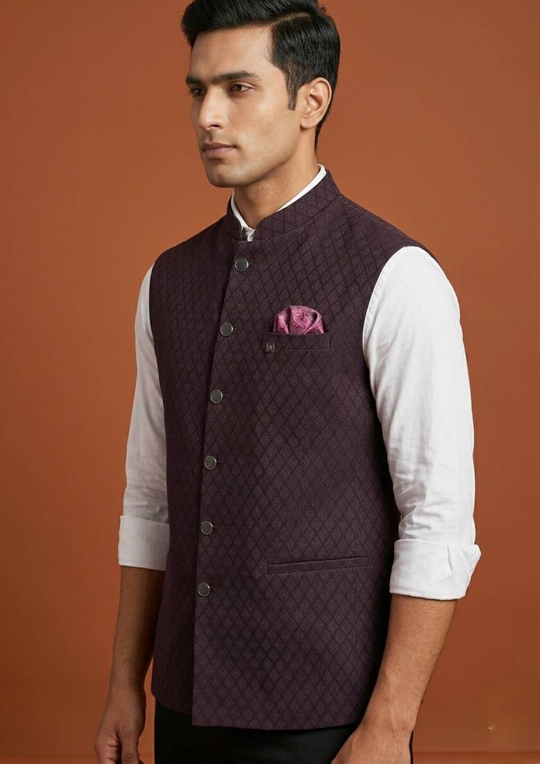 Maroon printed nehru jacket  on suiting fabric
