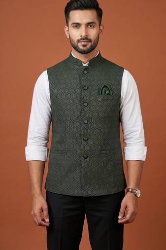 Bottle green zari work nehru jacket  on silk