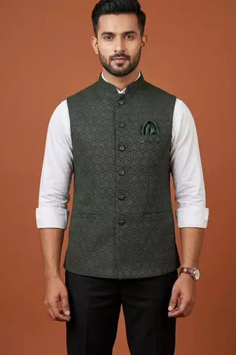 Bottle green zari work nehru jacket  on silk