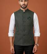 Bottle green zari work nehru jacket  on silk