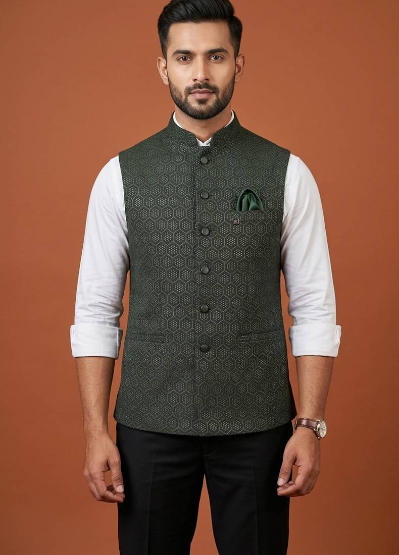 Bottle green zari work nehru jacket  on silk