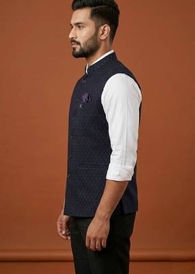 Navy blue printed nehru jacket  on suiting fabric 2
