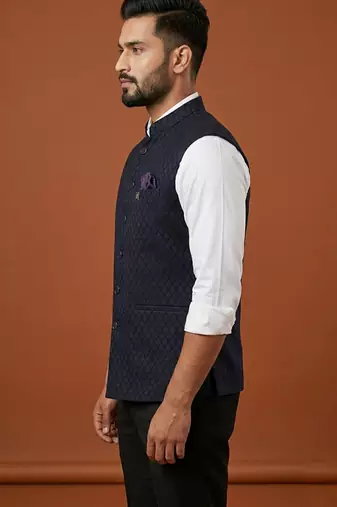 Navy blue printed nehru jacket  on suiting fabric